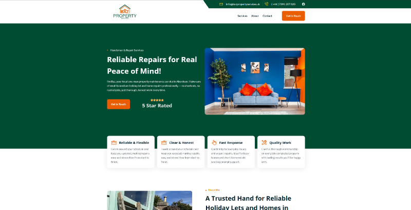 Homepage website design for Baz Property Services, Aberdeen property repairs and handyman business