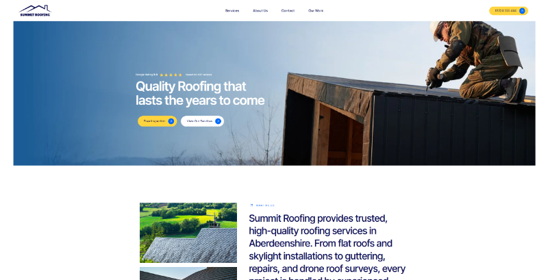 Professional roofing company homepage website design for Aberdeenshire contractor